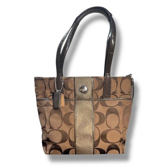 Coach Handbags - Coach Signature Stripe Khaki Gold Tote Bag Canvas & Patent Leather w/ Hang Tags
